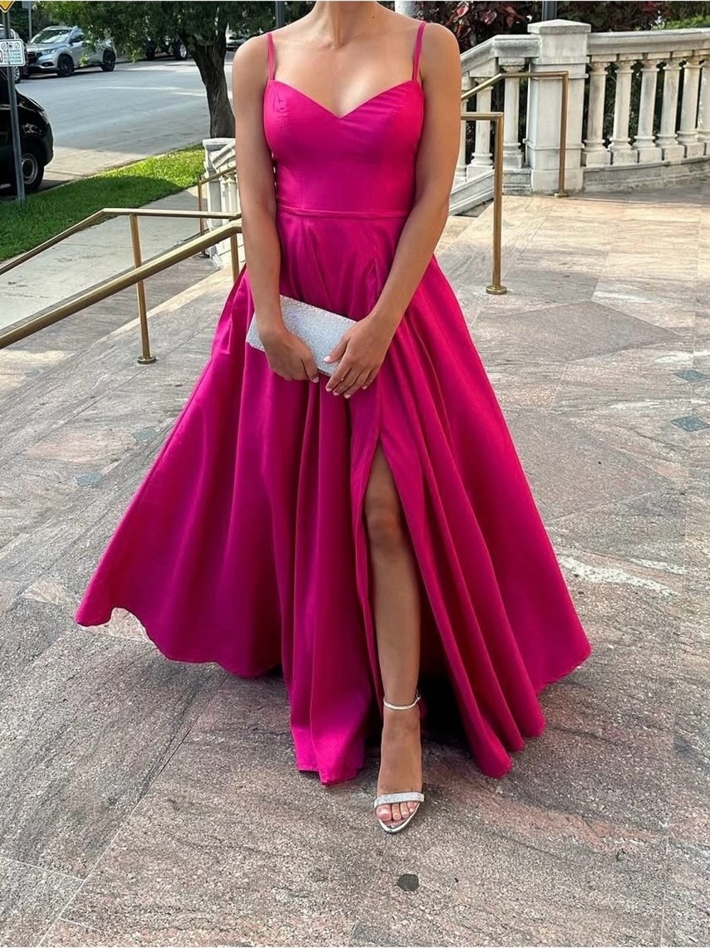 Rene Ruiz Fuchsia V-Neck Spaghetti Strap A-Line Prom Gown